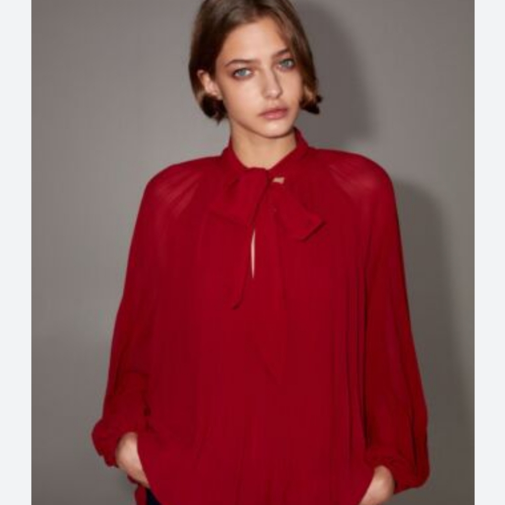 ZARA Pleated Bow Blouse